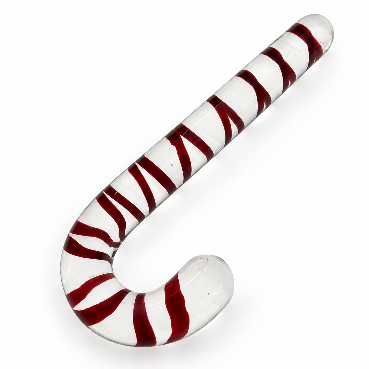 Large J-curve clear glass massager with red spiral inlay