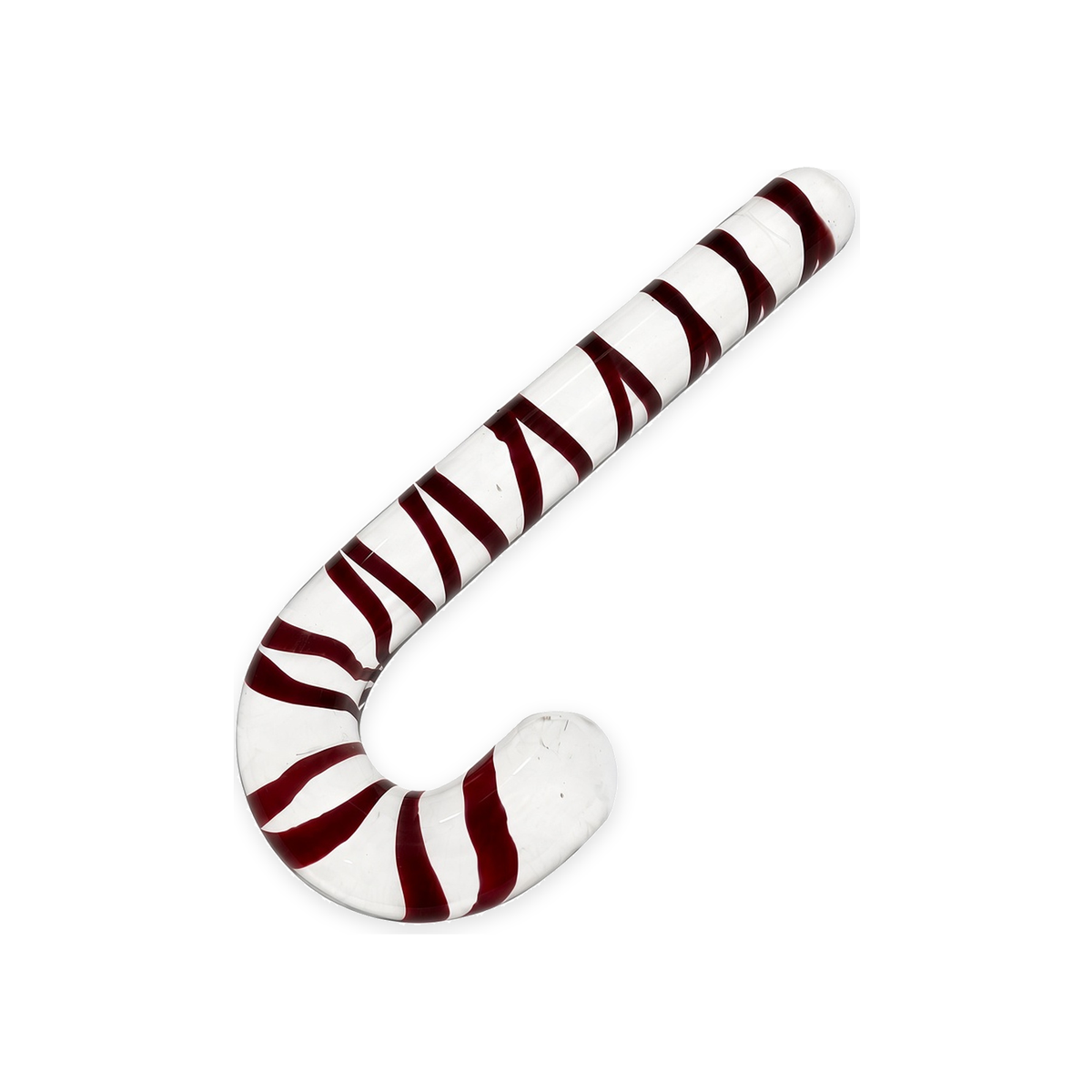 Small J-curve clear glass dildo with red spiral inlay on white background