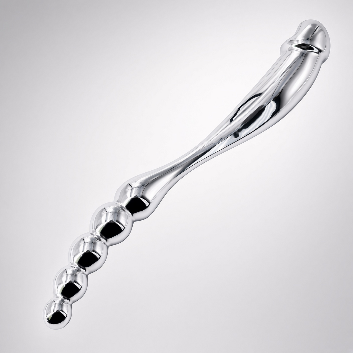 Polished stainless steel beaded dildo detail view