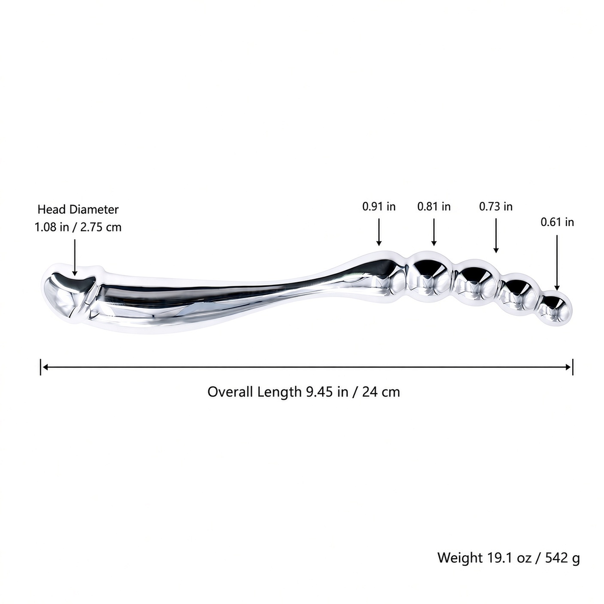 Stainless steel beaded dildo size guide with inch and centimeter measurements