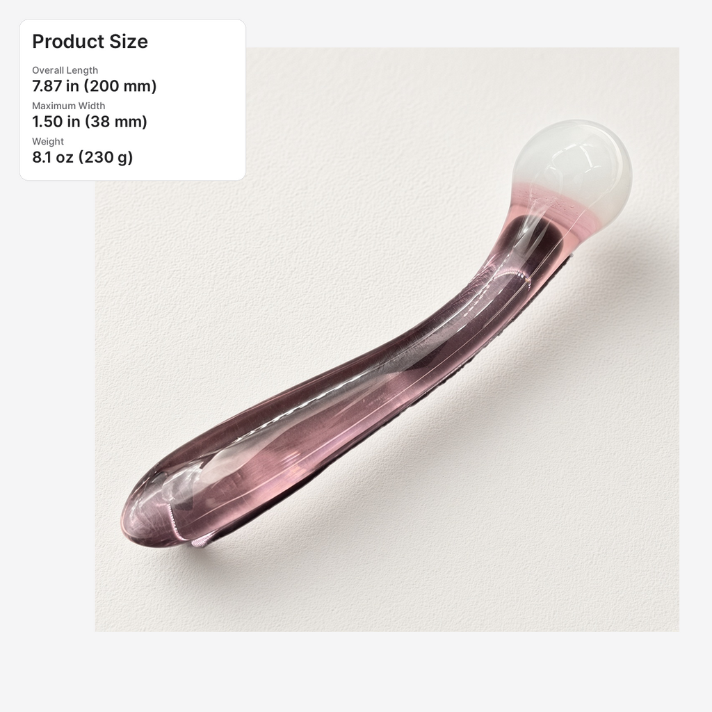 Curved pink glass dildo size guide with 7.87 inch length and 1.50 inch maximum width