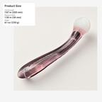Curved pink glass dildo size guide with 7.87 inch length and 1.50 inch maximum width