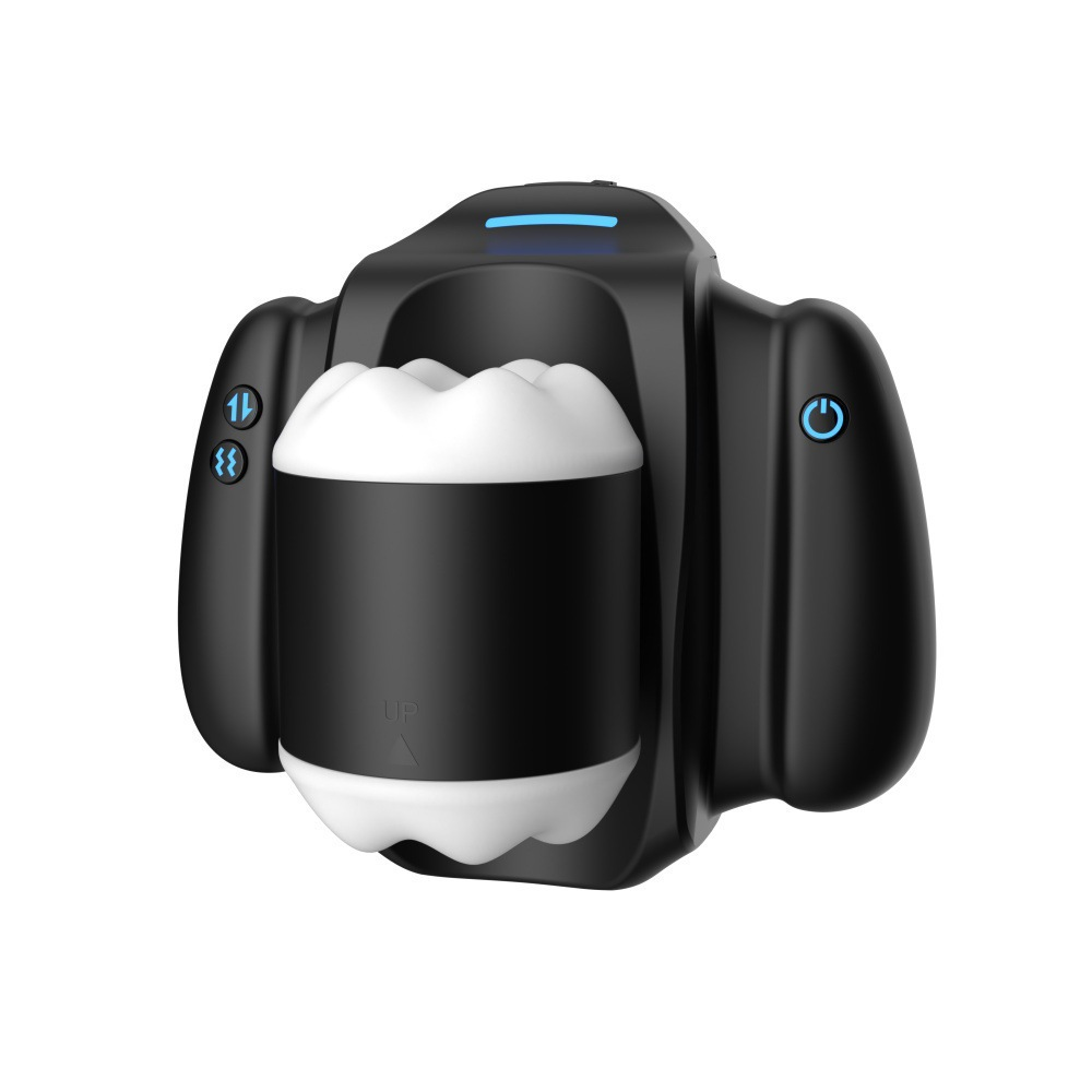Black automatic thrusting and vibrating stroker with a removable white silicone sleeve on a clean white background