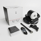 Package contents for the automatic stroker, including the flexible phone holder, USB charging cable and instruction manual
