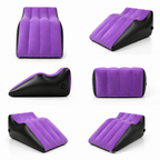Six views of the purple and black inflatable positioning wedge, showing its shape and side profile