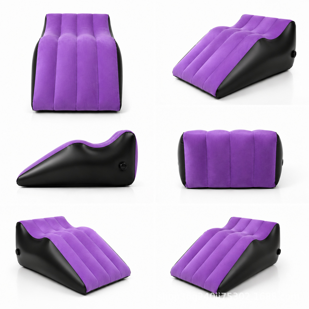 Six views of the purple and black inflatable positioning wedge, showing its shape and side profile