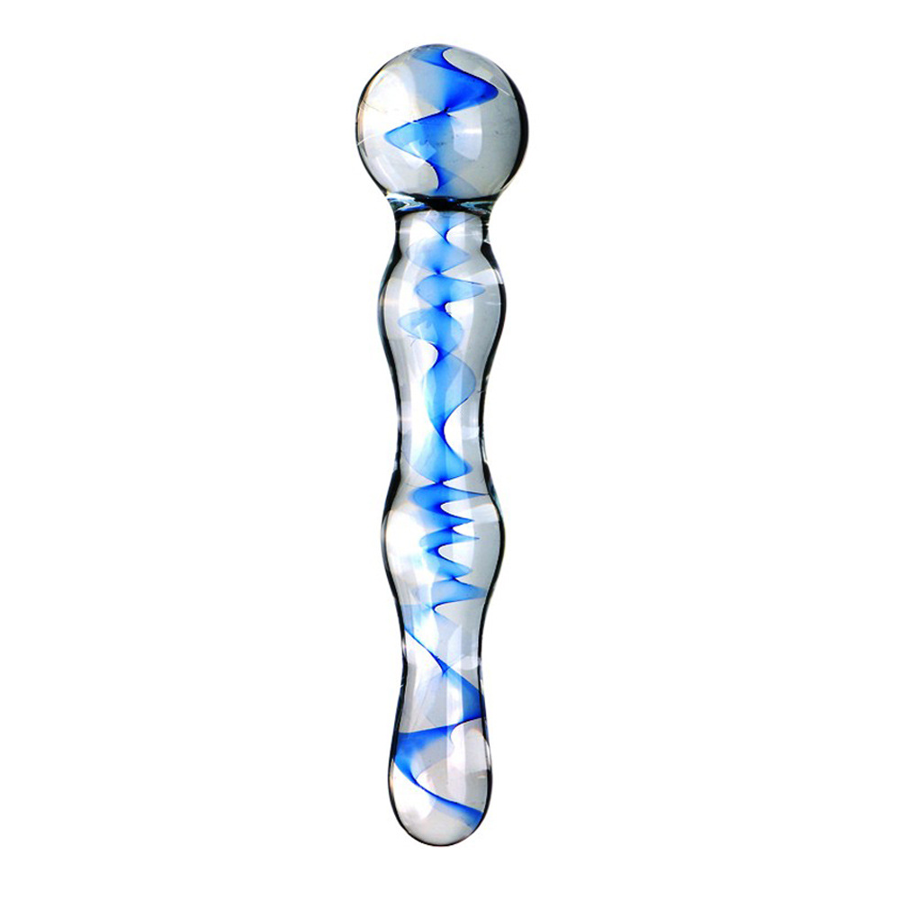 Blue spiral straight contoured glass dildo