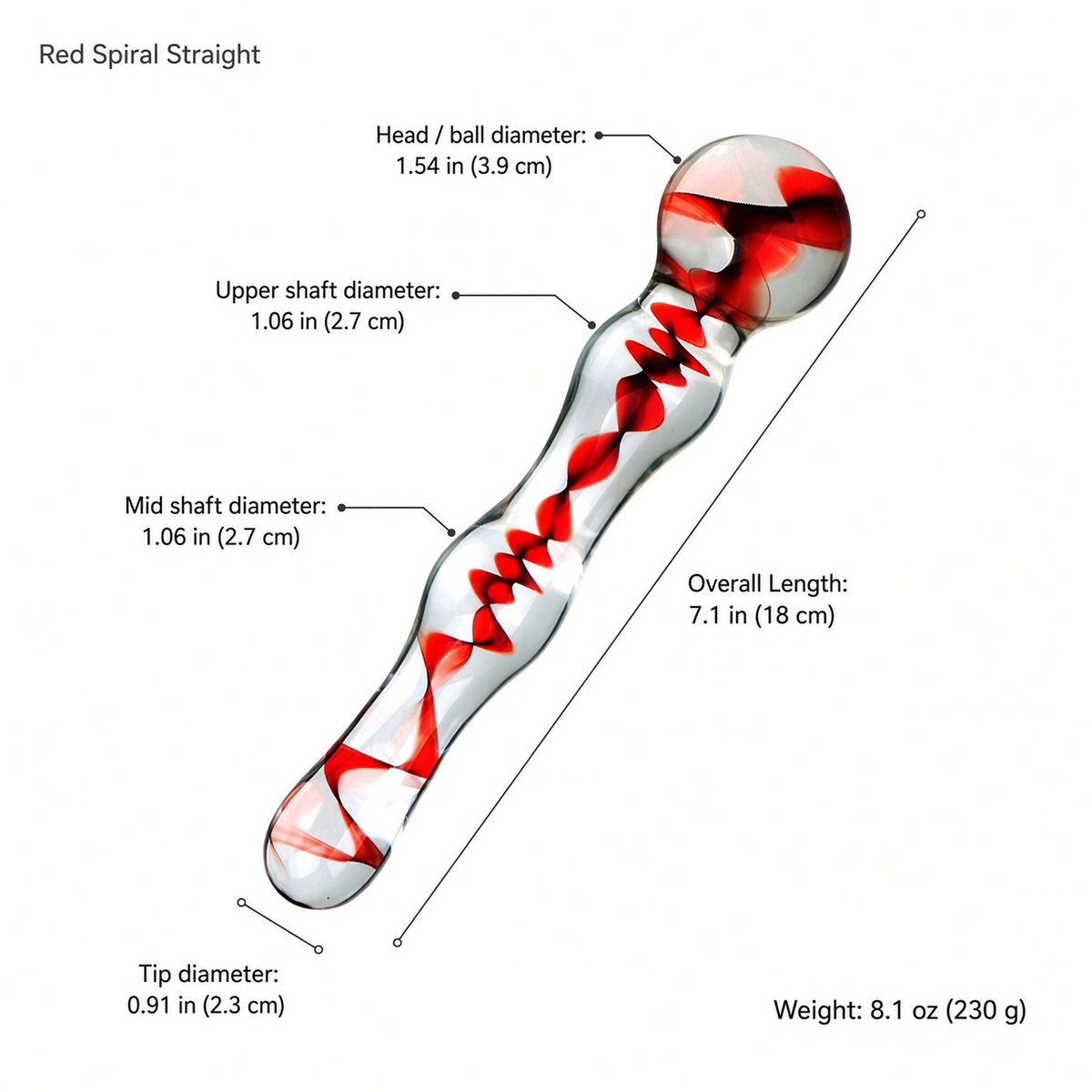 Red spiral straight glass dildo dimensions and weight