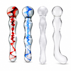 Contoured glass dildo style comparison with red spiral, blue spiral, clear straight, and clear curved profiles