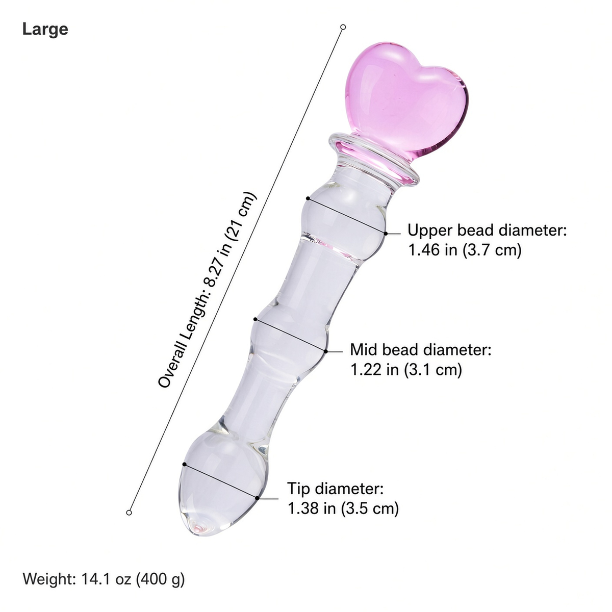Large heart-handle glass dildo dimensions and weight