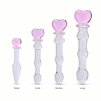 Heart-handle glass dildo size comparison: Bullet, Small, Medium, and Large