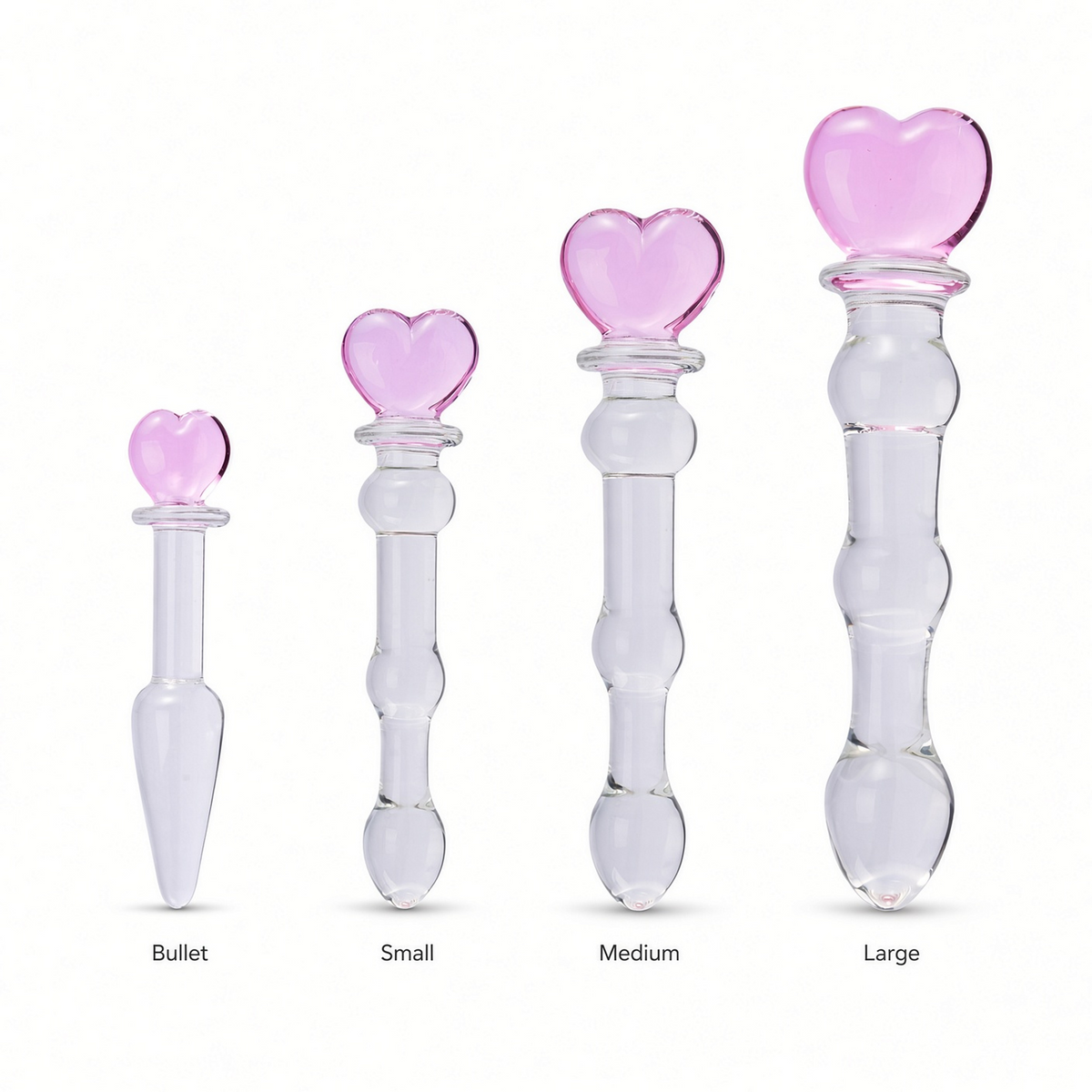 Heart-handle glass dildo size comparison: Bullet, Small, Medium, and Large