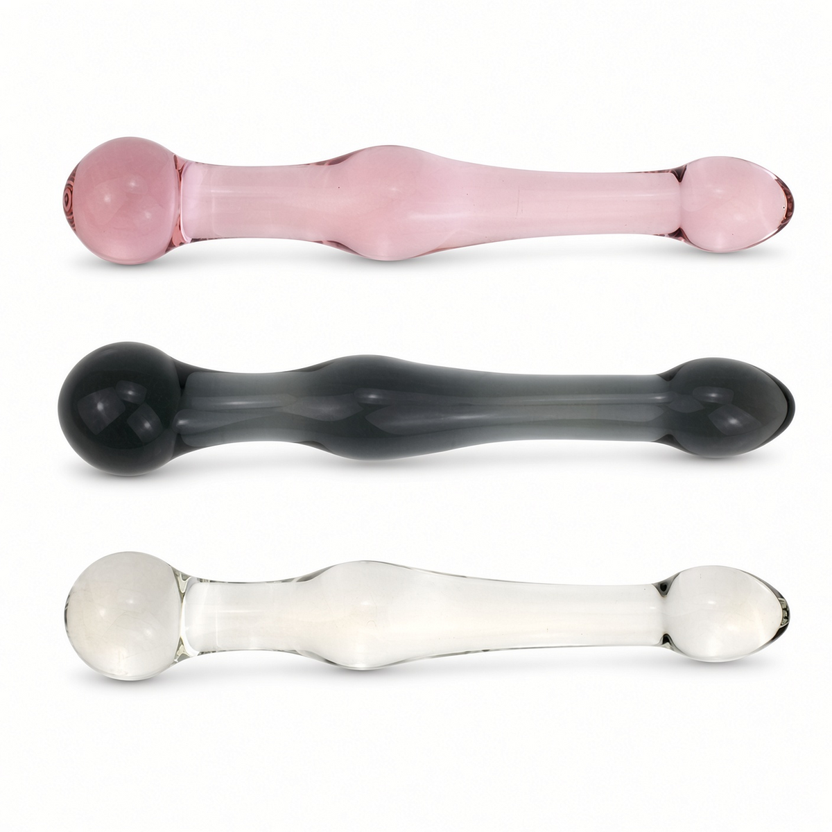 Clear pink and black double-ended glass dildo comparison