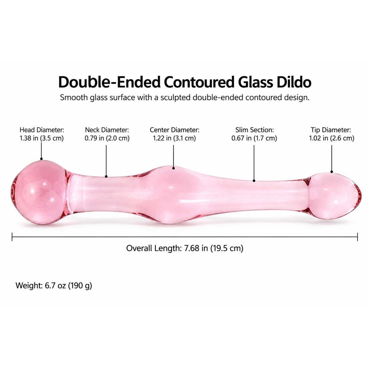 Double-ended contoured glass dildo dimensions and weight