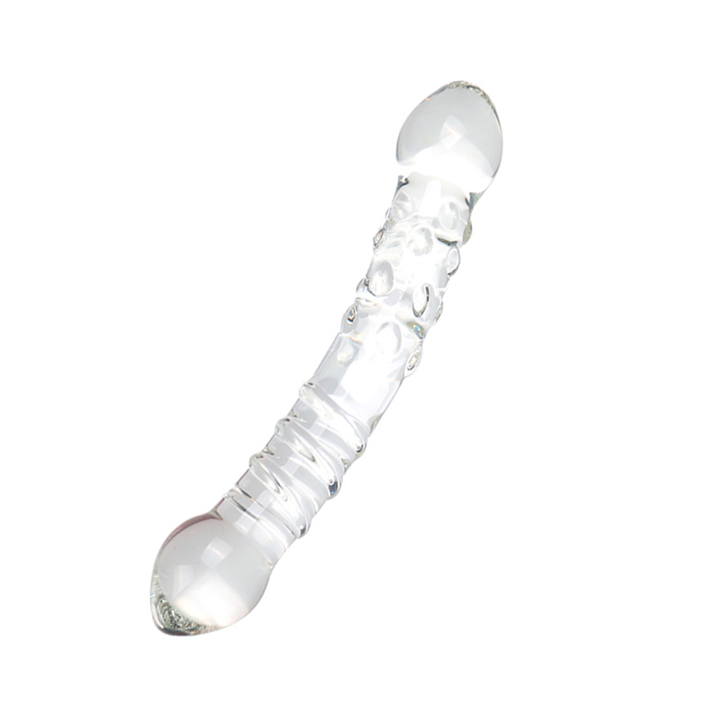 Clear curved double-ended textured glass dildo