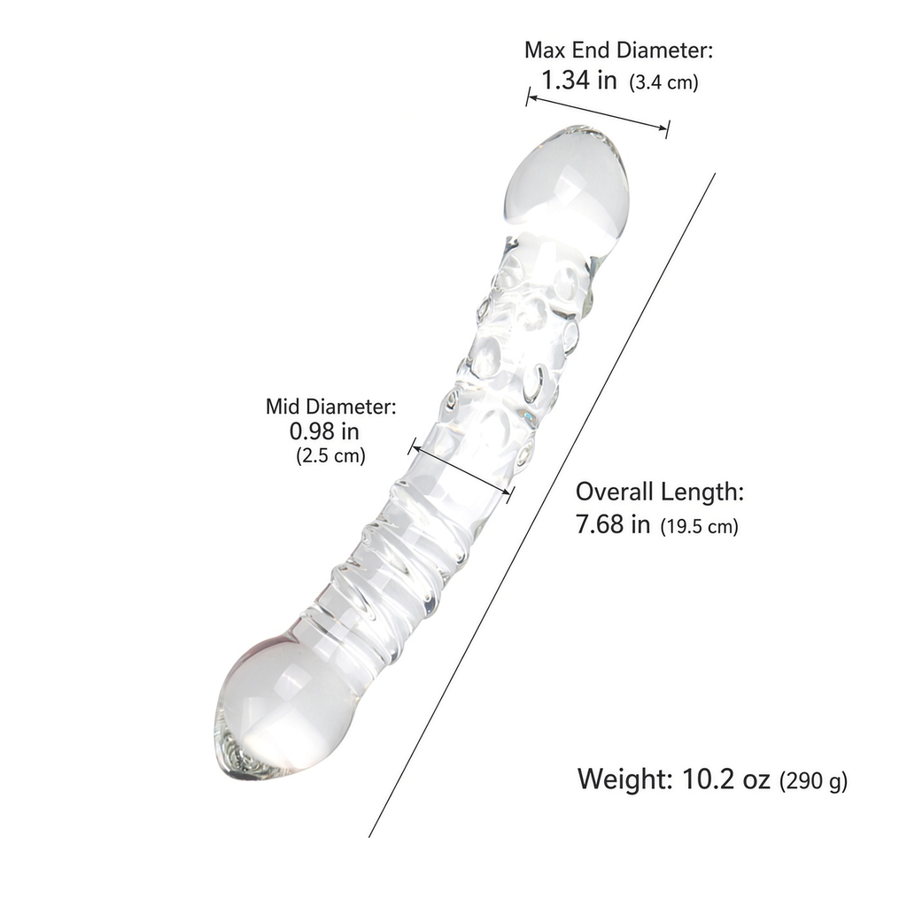 Clear curved double-ended glass dildo dimensions and weight
