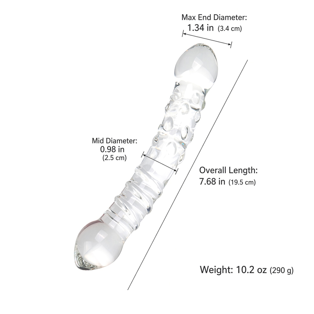 Clear curved double-ended glass dildo dimensions and weight