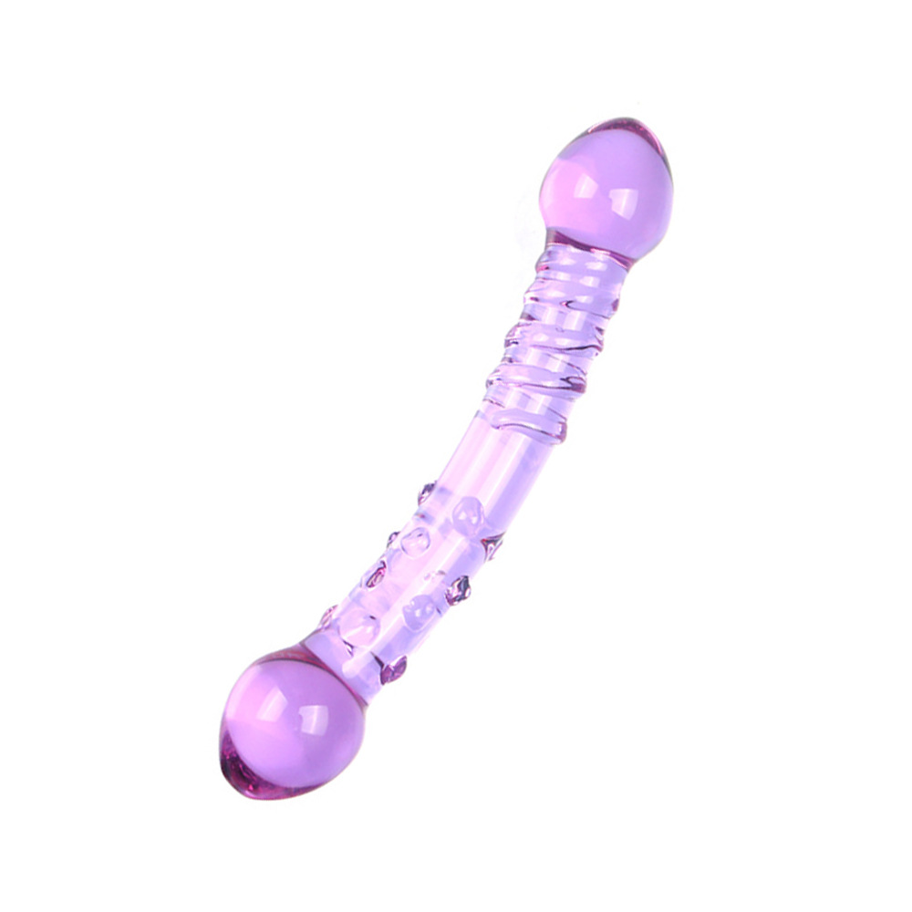 Purple curved double-ended textured glass dildo