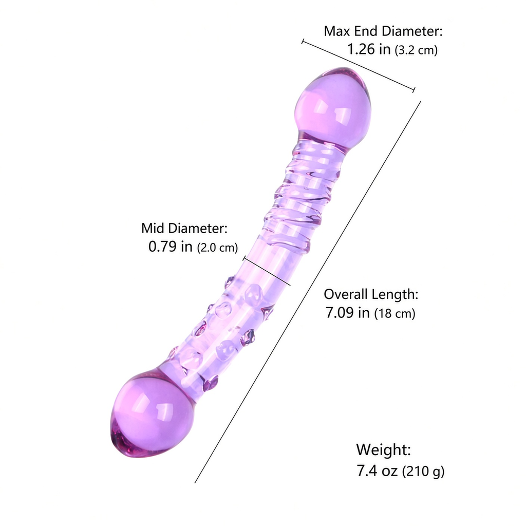 Purple curved double-ended glass dildo dimensions and weight