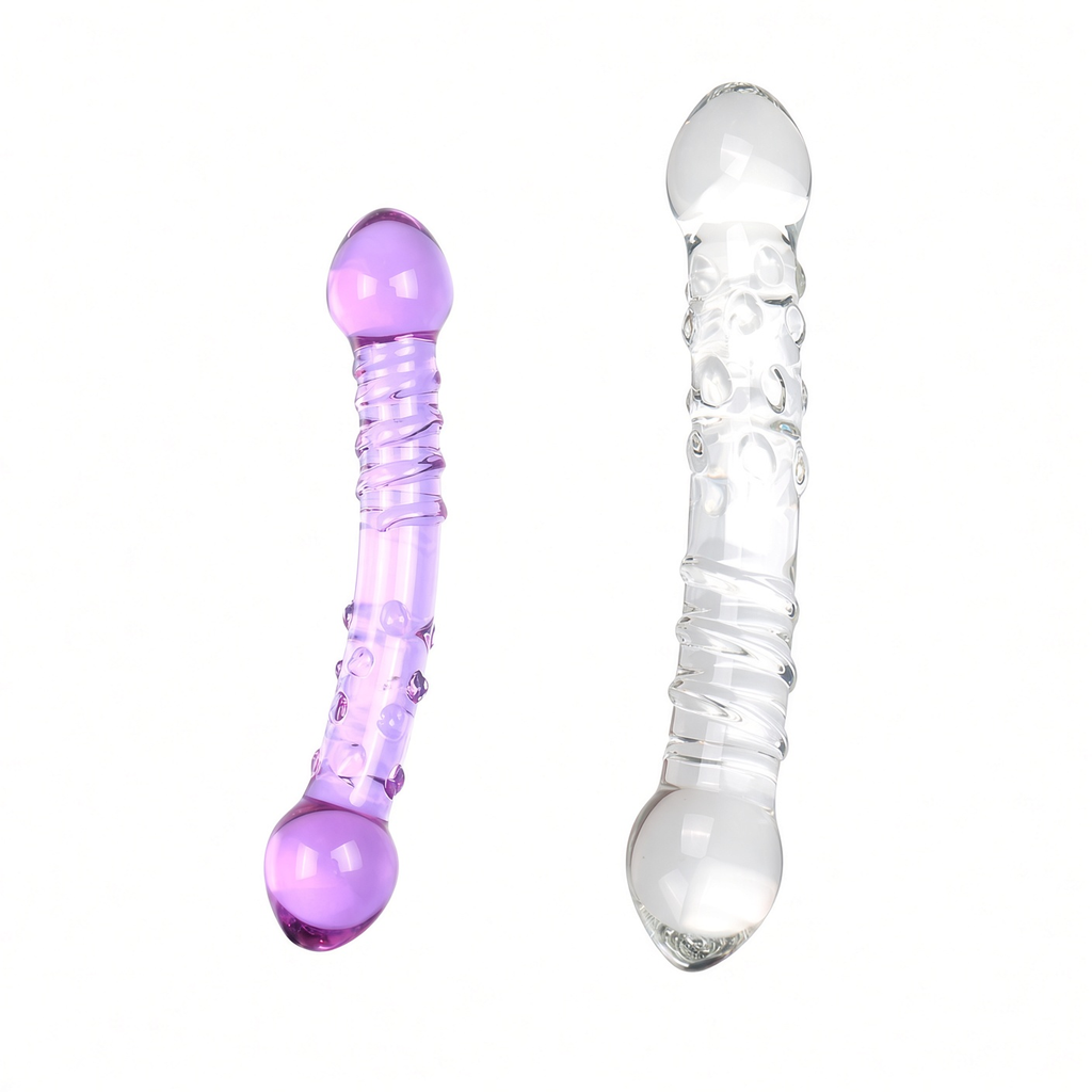 Clear and purple curved double-ended glass dildo comparison