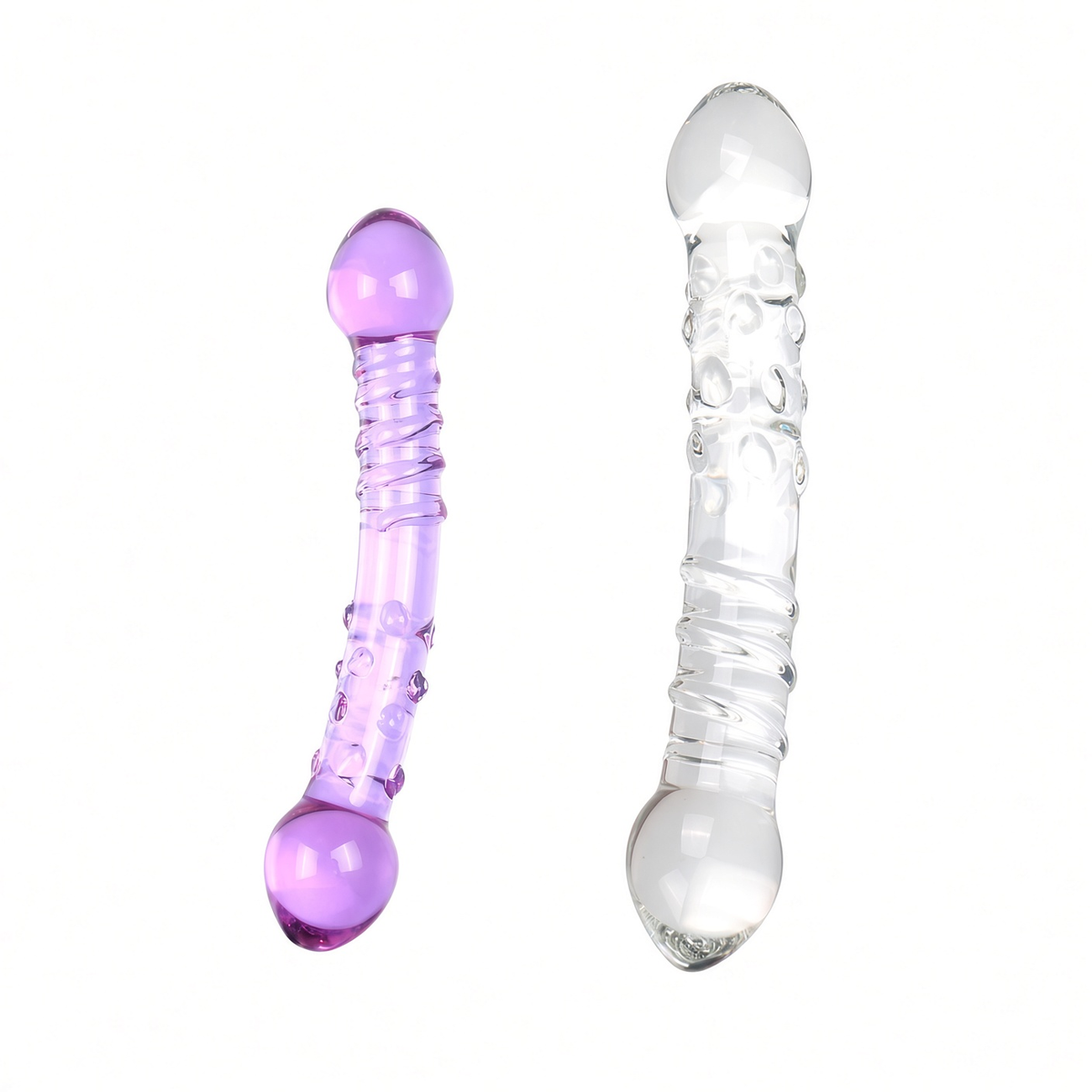 Clear and purple curved double-ended glass dildo comparison