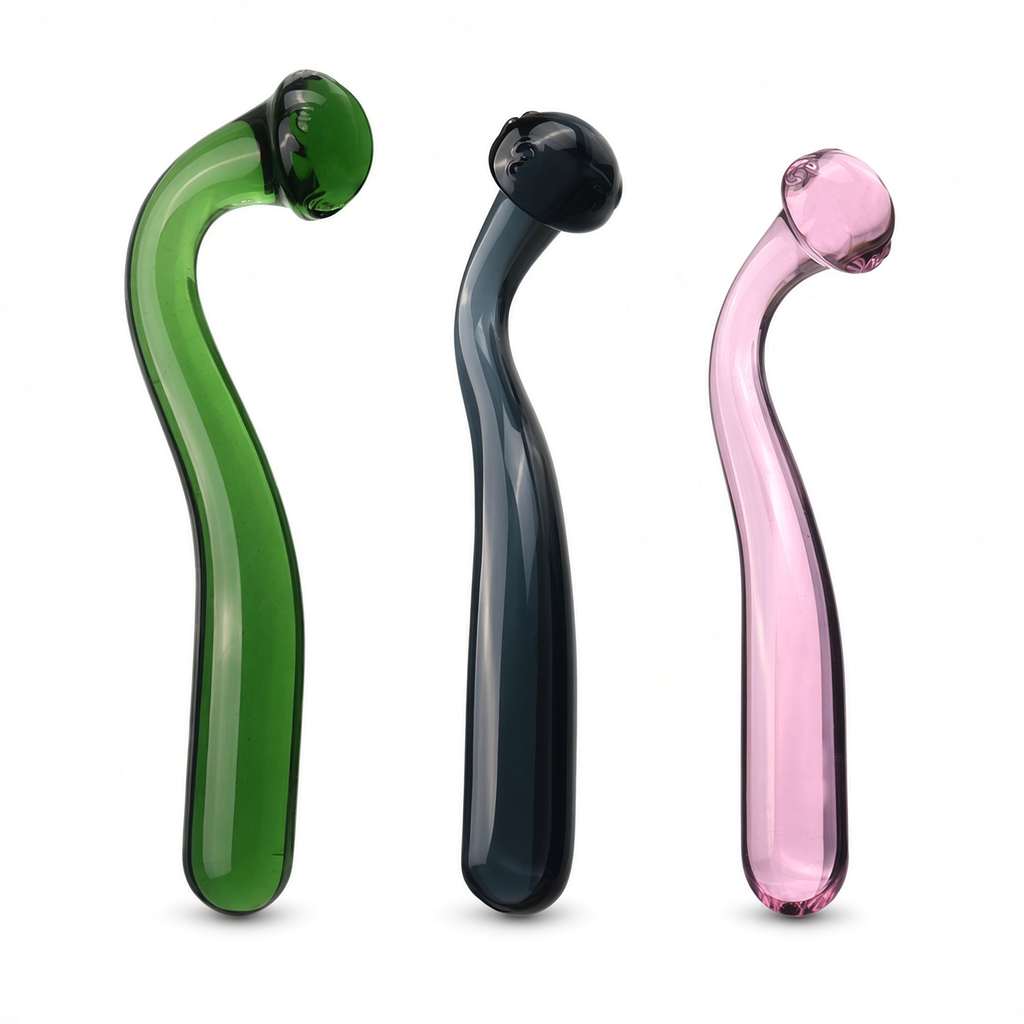 Pink green and black curved glass dildo comparison