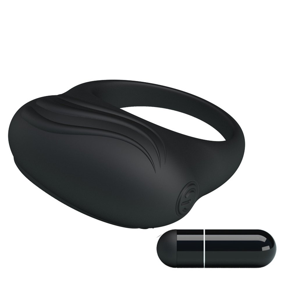 Black silicone vibrating ring, side view with bullet accessory