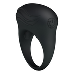 Black textured silicone vibrating ring with button control, upright view