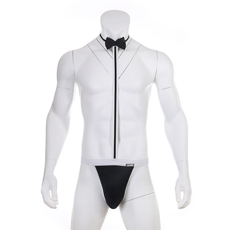 Black trim bow tie thong costume front