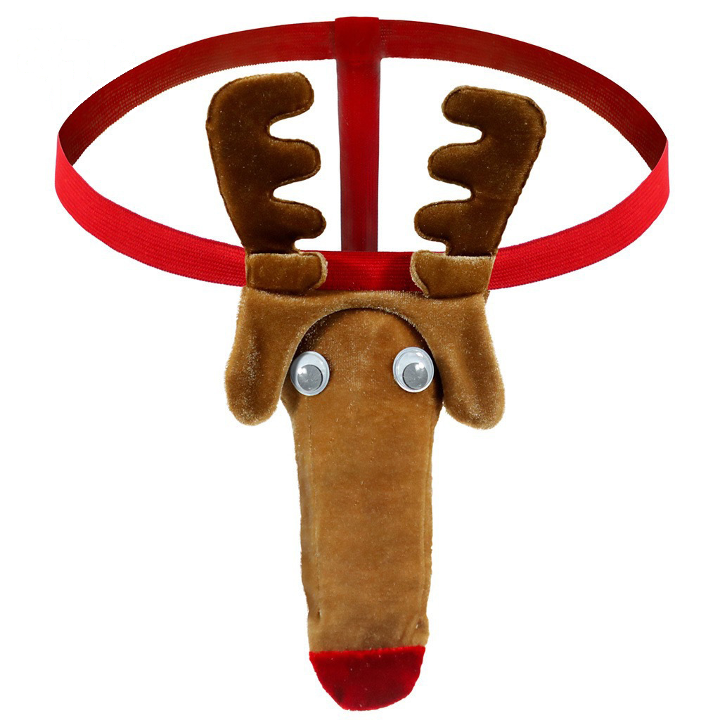 Flat view of brown reindeer thong and elastic straps