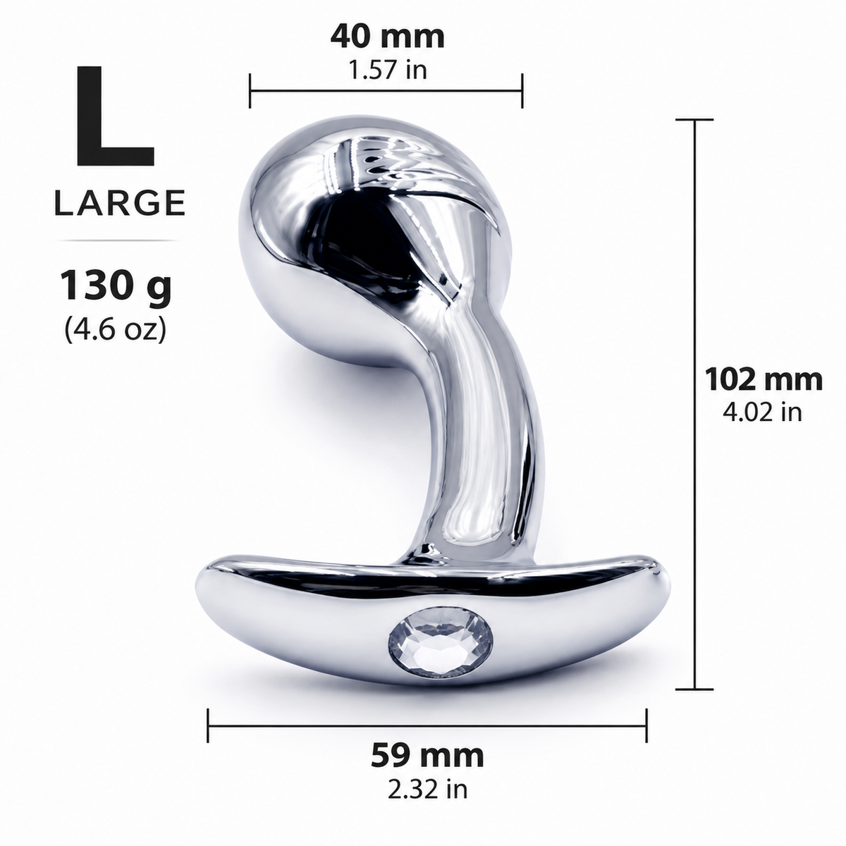 Large curved aluminum anal plug size guide showing 102 mm height, 40 mm max width, 59 mm base width, and 130 g weight