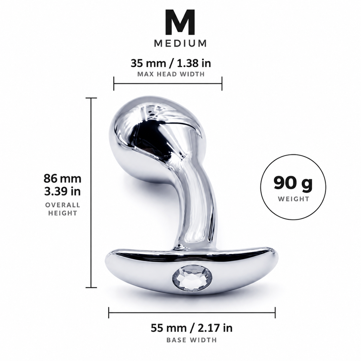Medium curved aluminum anal plug size guide showing 86 mm height, 35 mm max width, 55 mm base width, and 90 g weight