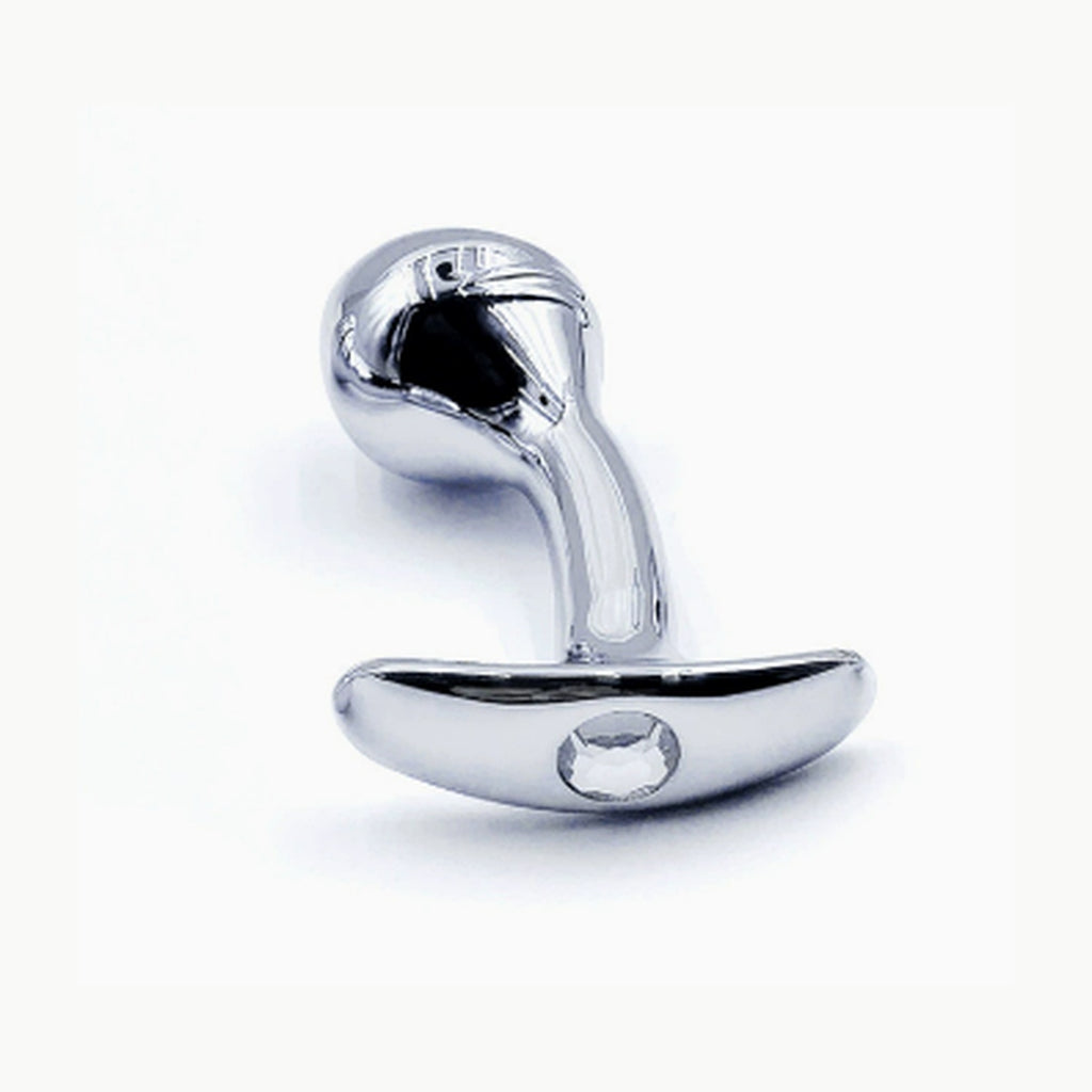 Single silver curved aluminum anal plug with clear faceted jeweled base