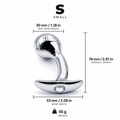 Small curved aluminum anal plug size guide showing 74 mm height, 30 mm max width, 53 mm base width, and 55 g weight