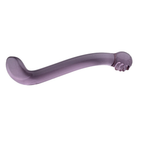 Horizontal view of curved double-ended purple glass dildo