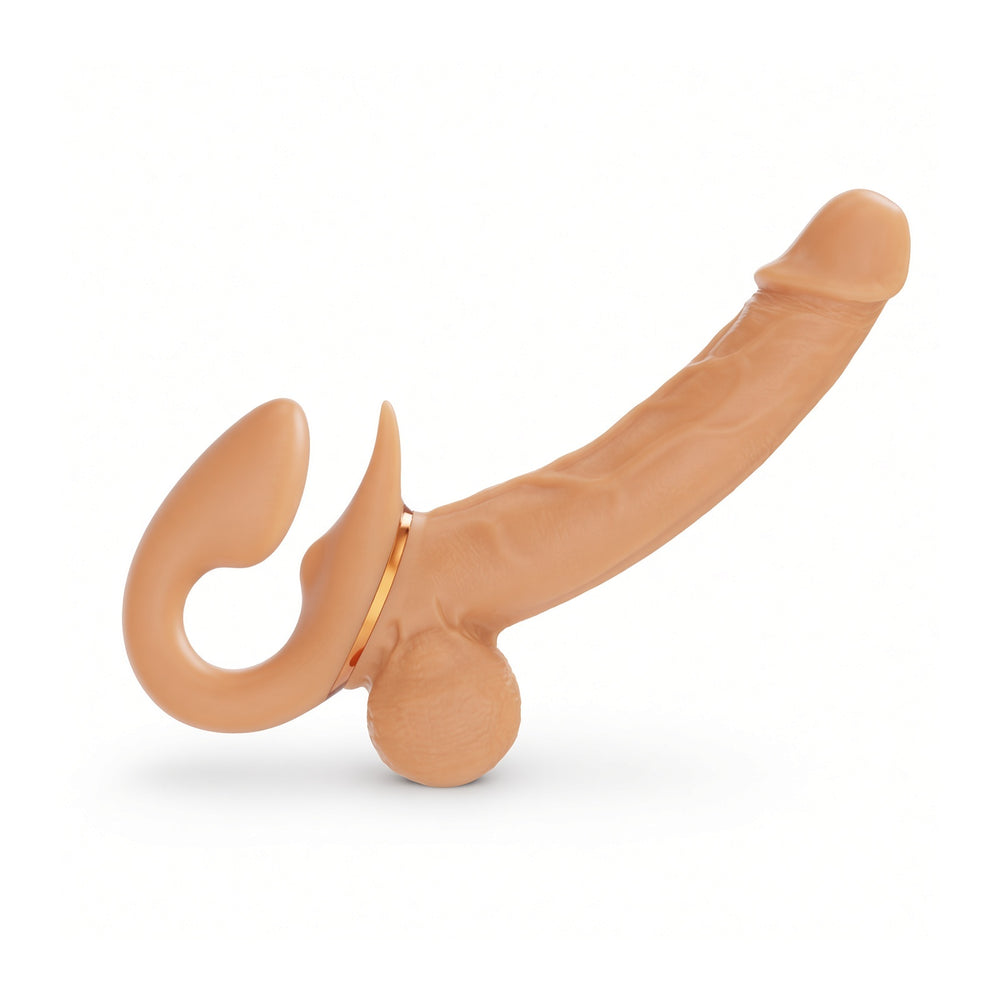 Three-quarter view of the curved double-ended wearable dildo showing its dual-end shape