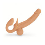 Three-quarter view of the curved double-ended wearable dildo showing its dual-end shape