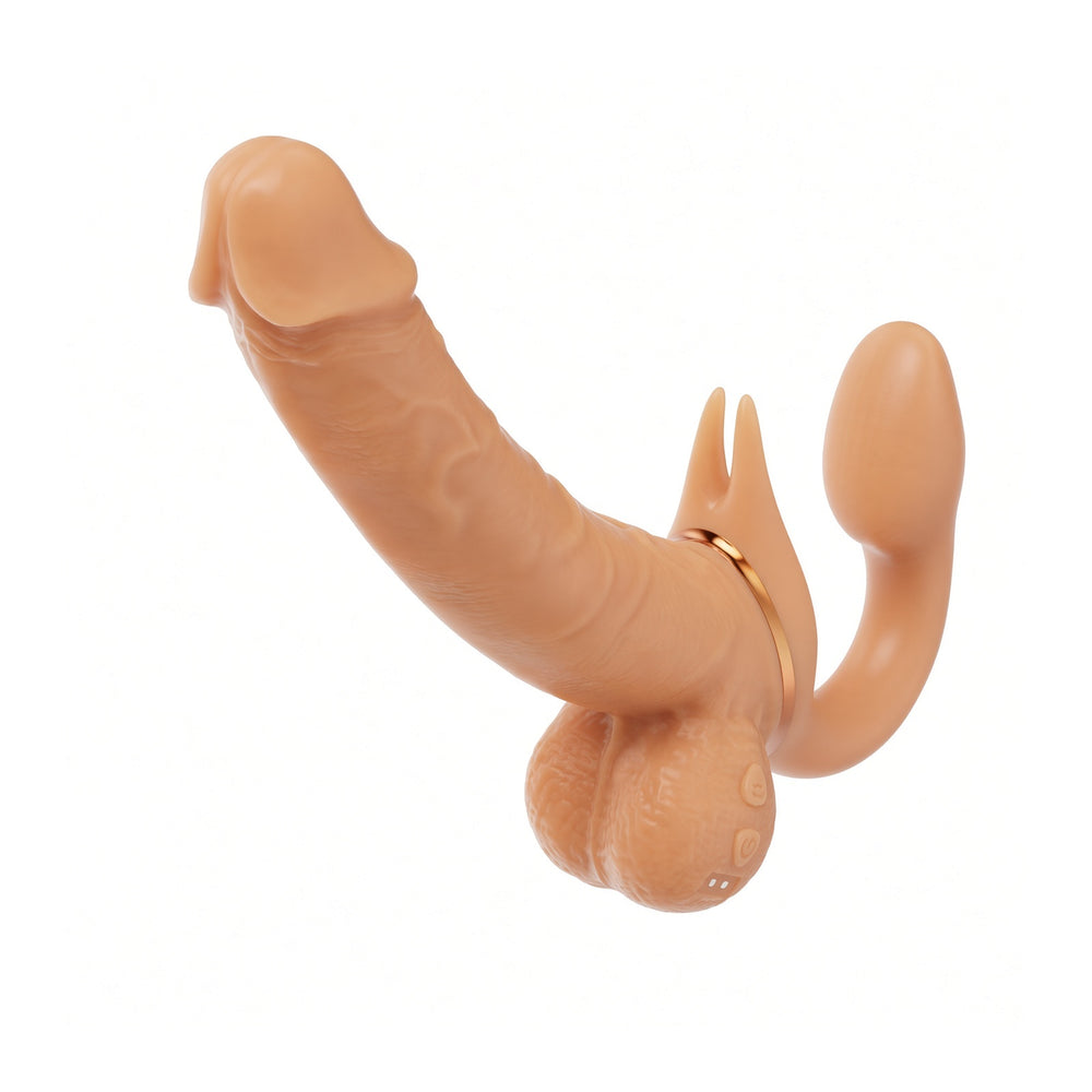 Close product view showing the control area on the curved double-ended wearable dildo