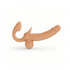 Curved double-ended wearable dildo in a clean side view on a white background