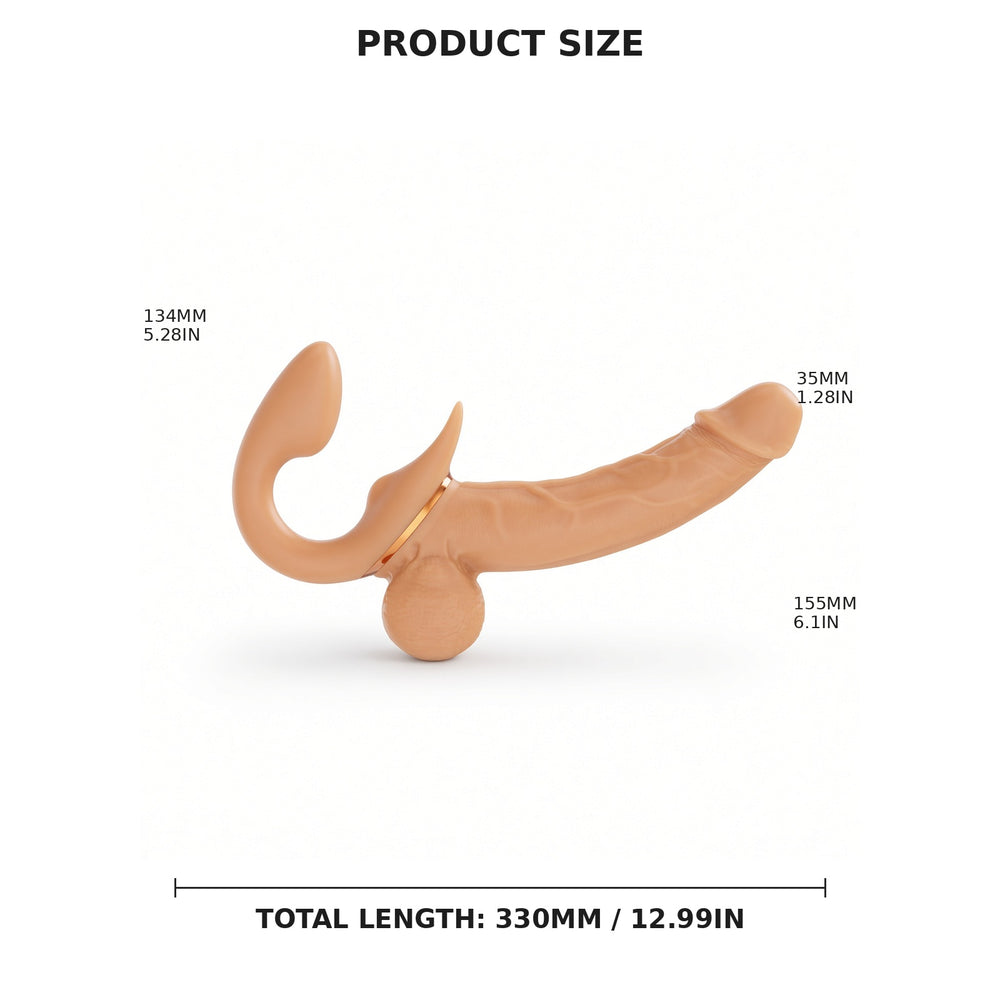 Size chart for curved double-ended wearable dildo with inch and centimeter measurements