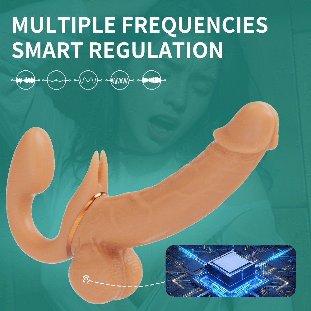 Vibrating style of the curved double-ended wearable dildo showing selectable vibration modes
