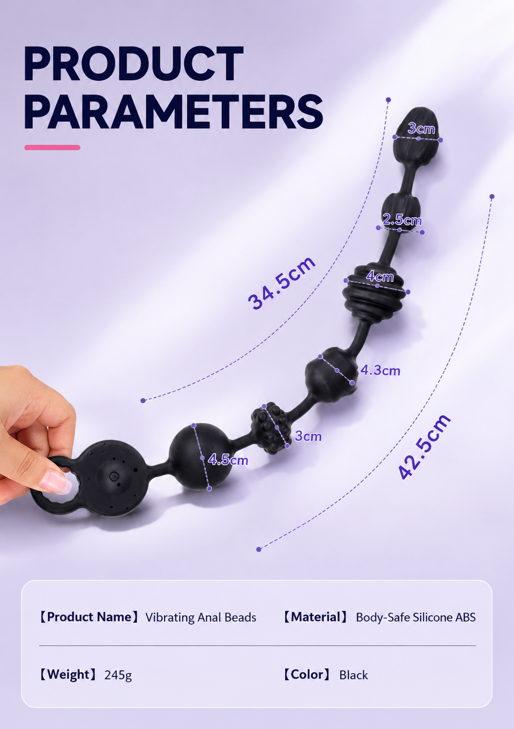 10-Mode Vibrating Anal Beads shown with product parameters including size and material details.