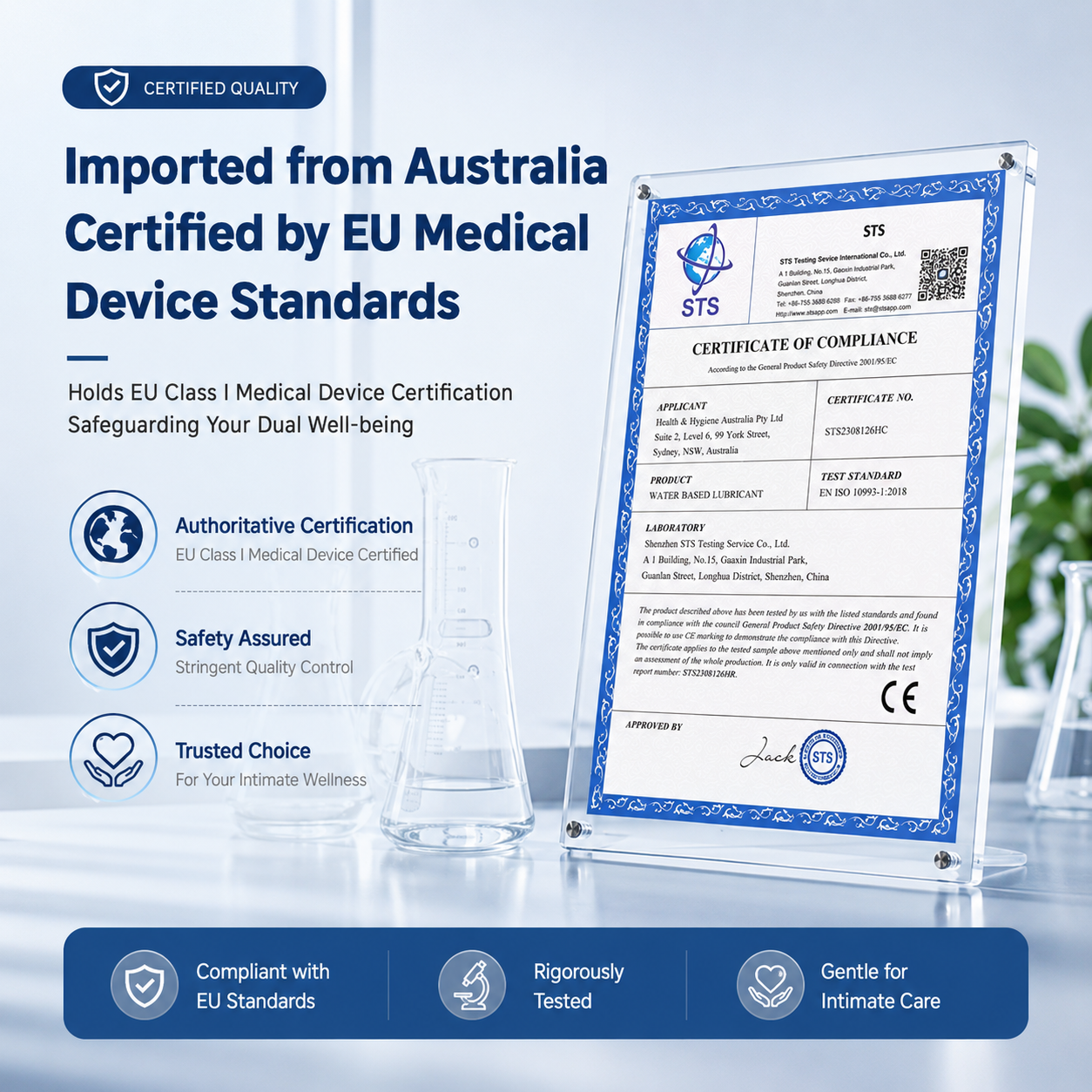 Imported from Australia, certified EU medical device standards certificate highlighting quality assurance and safety for intimate care.