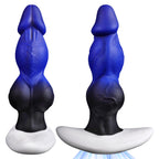 Front and side views of the blue and black double-knot fantasy silicone plug