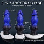 Three views of a double-knot fantasy silicone plug with broad suction base