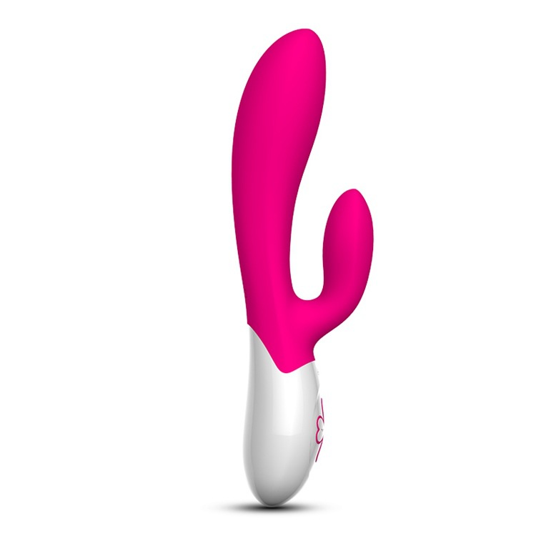 Pink and white dual-stimulation rabbit vibrator with curved insertable shaft