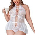  Sexy Plus Size Sheer Lace Deep V Neck Cross Halter Bodysuit Lingerie--white one model dispiay