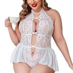  Sexy Plus Size Sheer Lace Deep V Neck Cross Halter Bodysuit Lingerie--white one model dispiay