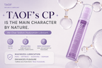Stylish female torso vibrator and TAOF lubricant packaging on a soft background with bubbles and key features highlighted.