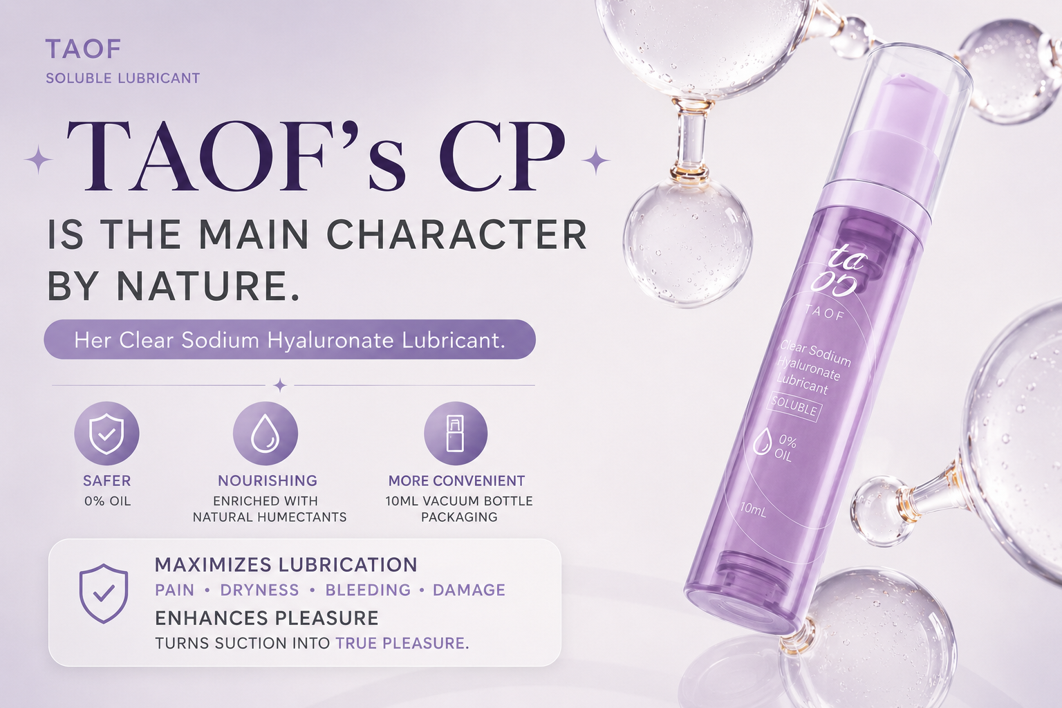 Stylish female torso vibrator and TAOF lubricant packaging on a soft background with bubbles and key features highlighted.